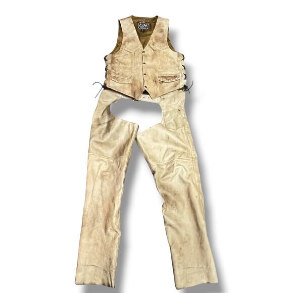 Vintage A1 Tan Leather Vest and Chaps Laces Snaps Motorcycle Cowboy Size M/L - Picture 1 of 15